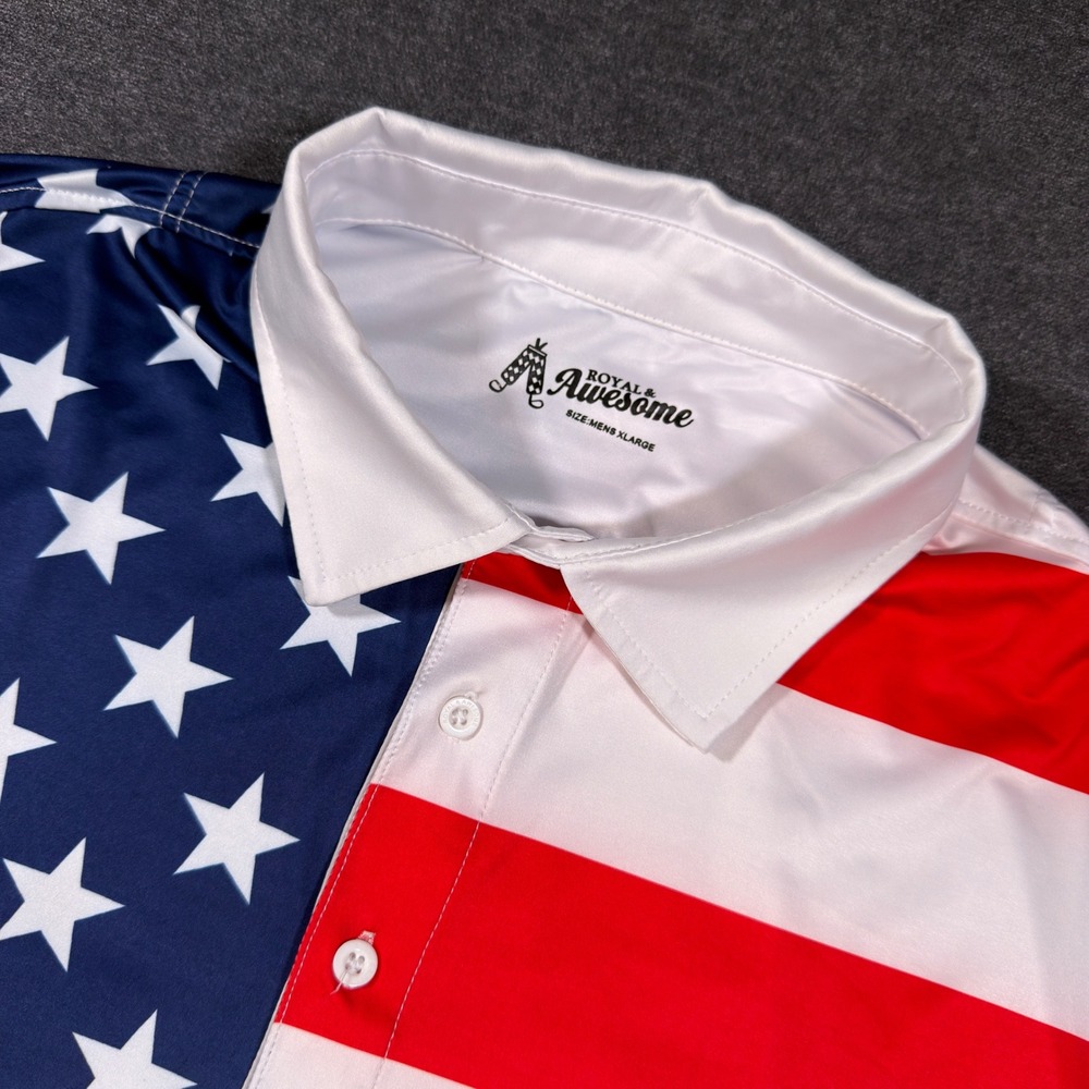 Royal & Awesome Polo Shirt Mens XL Multicolor Stars Stripes USA Golf Patriotic
